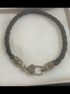 Women's Black Braided Leather Bracelet with Silver Heart Clasp